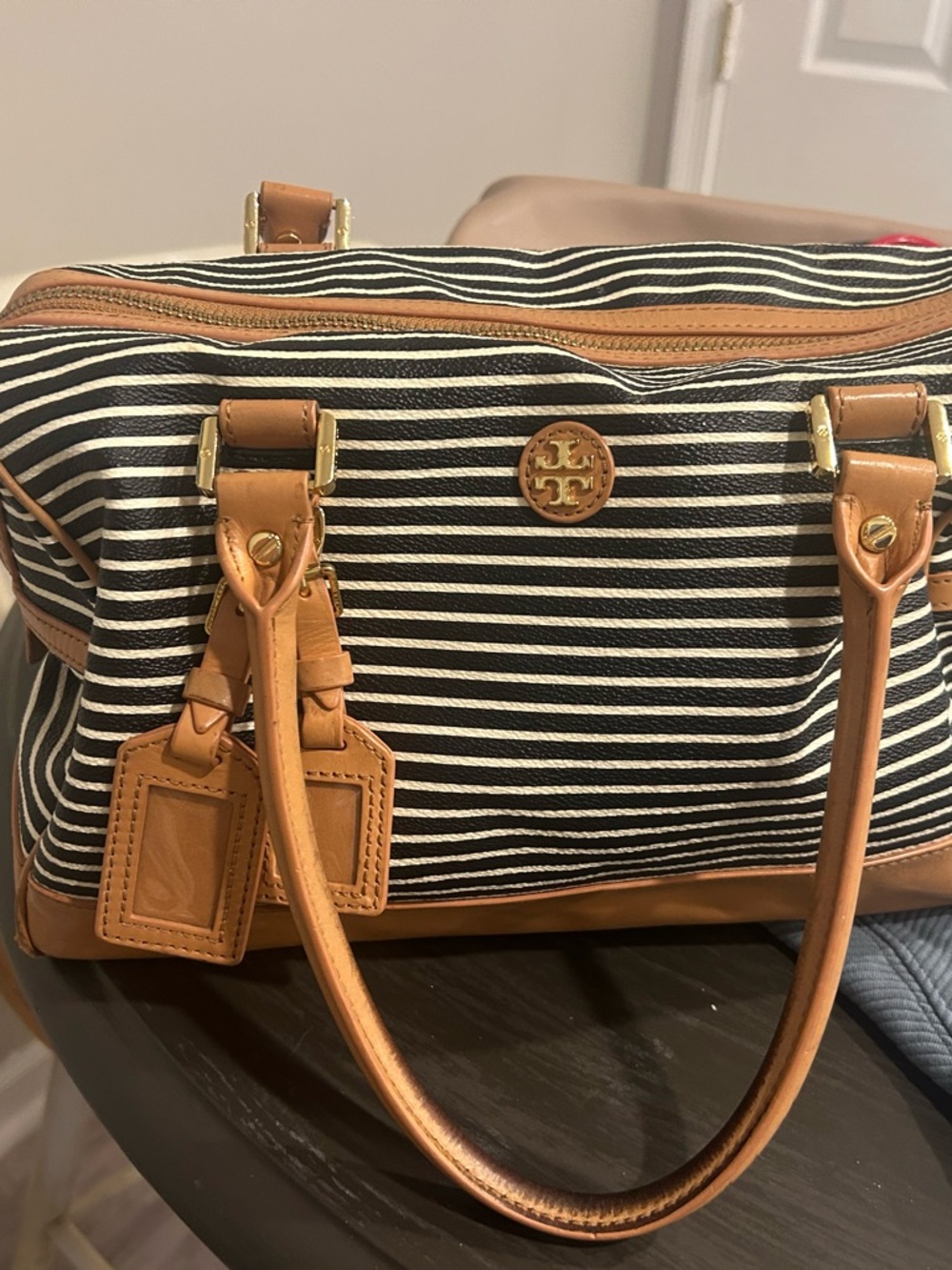 Tory Burch Black & White Stripe Leather Viva satchel